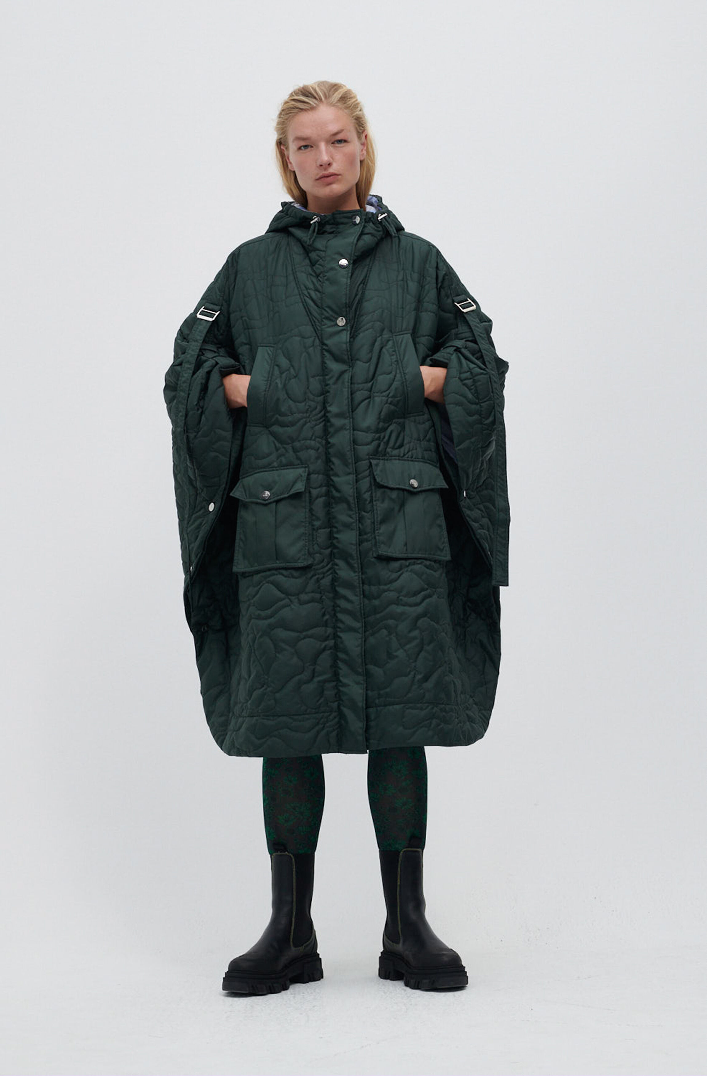 Quilted Recycled Polyester Oversized Cape, Polyester, in colour Dark Green - 1 - GANNI
