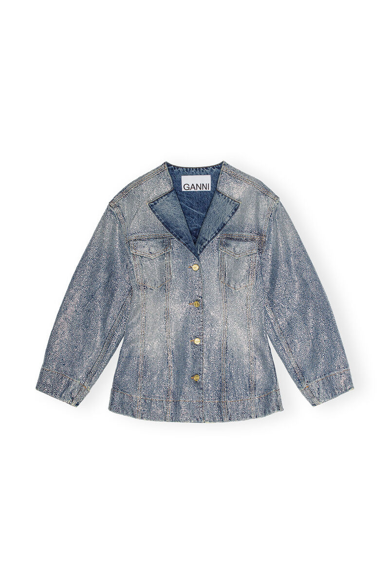 Sparkle Denim Fitted blazer, Cotton, in colour Tint Wash - 1 - GANNI