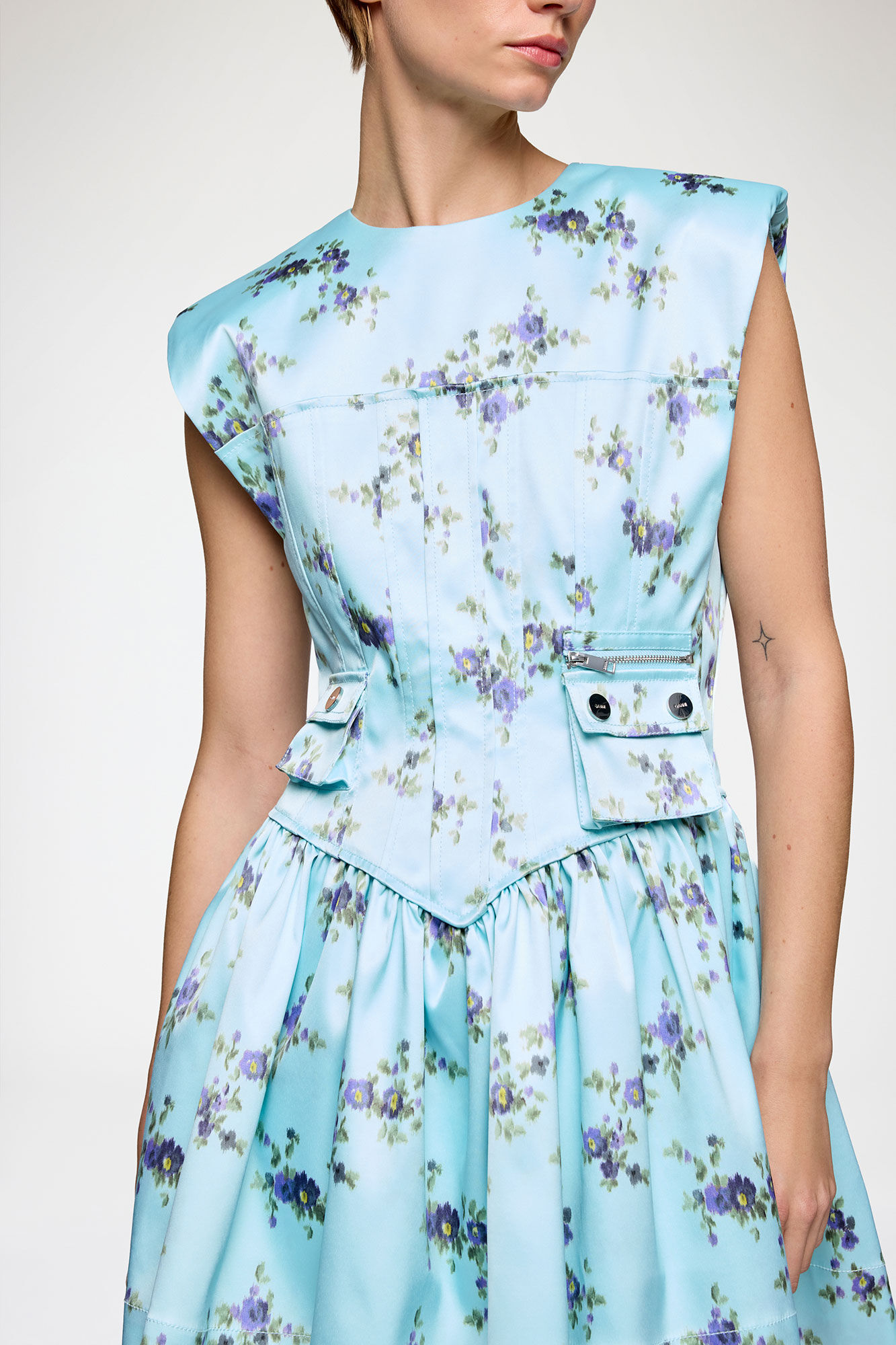 Dress in Printed Satin, Recycled Polyester, in colour Iced Aqua - 3 - GANNI