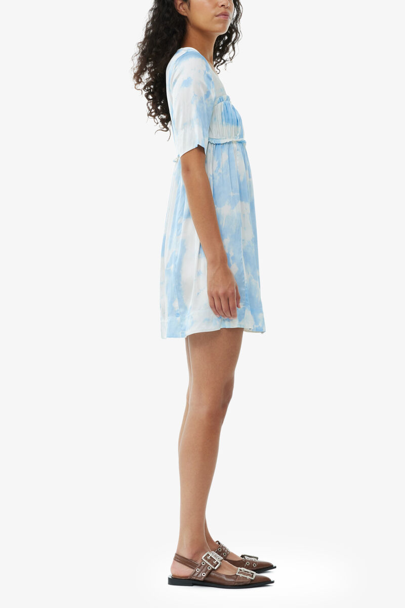 Printed Satin Short Sleeve Mini Dress, Elastane, in colour Powder Blue - 3 - GANNI