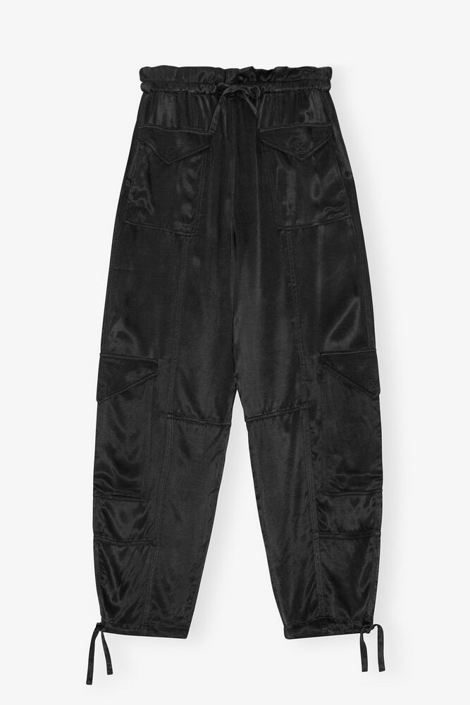 Black Washed Satin Pocket Trousers, Black