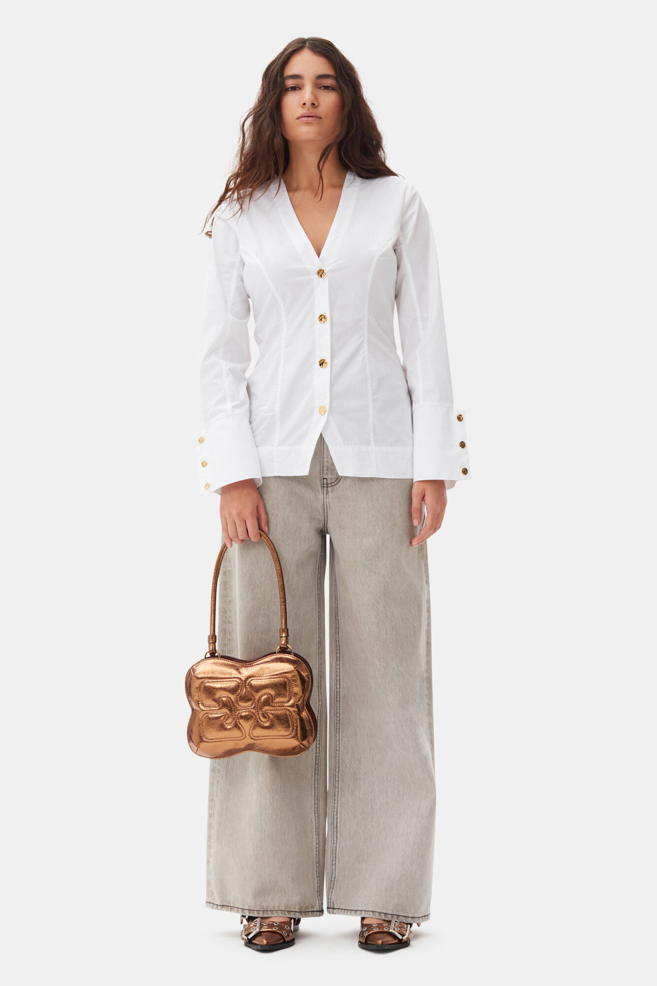 White Cotton Poplin V-neck Shirt, Cotton, in colour Bright White - 2 - GANNI