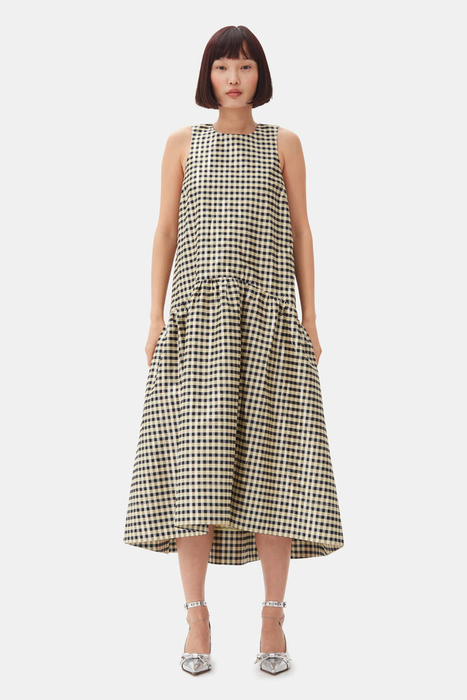 Shiny Check Jacquard Midikleid, Lemon Icing