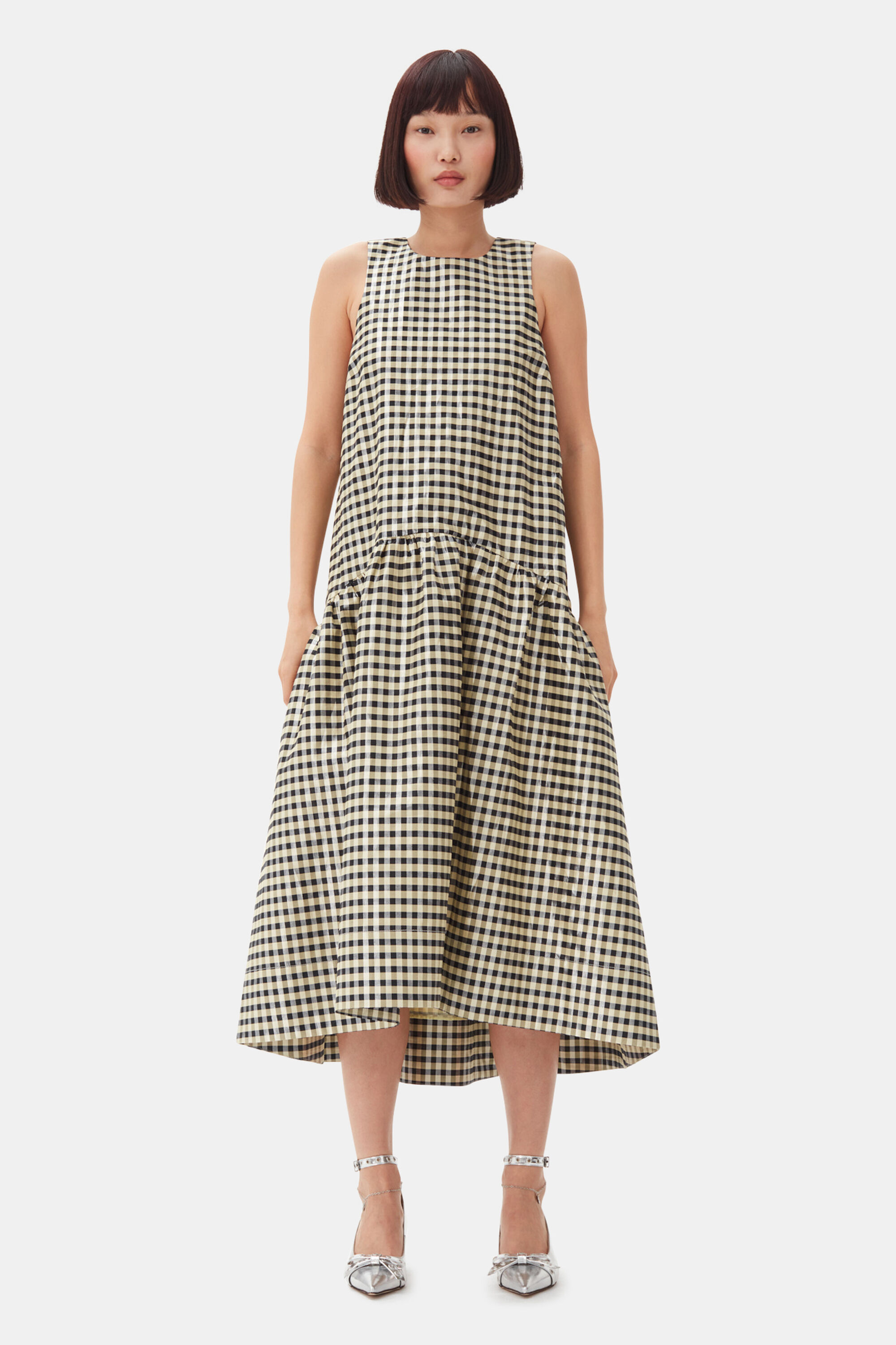 Lemon Icing Shiny Check Jacquard Midi Dress | GANNI
