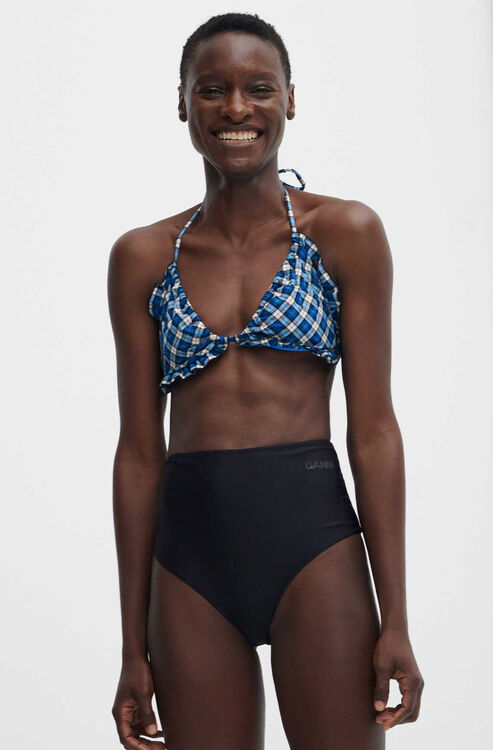 가니 비키니 수영복 상의 Ganni Seersucker String Bikini Top,Check Azure Blue