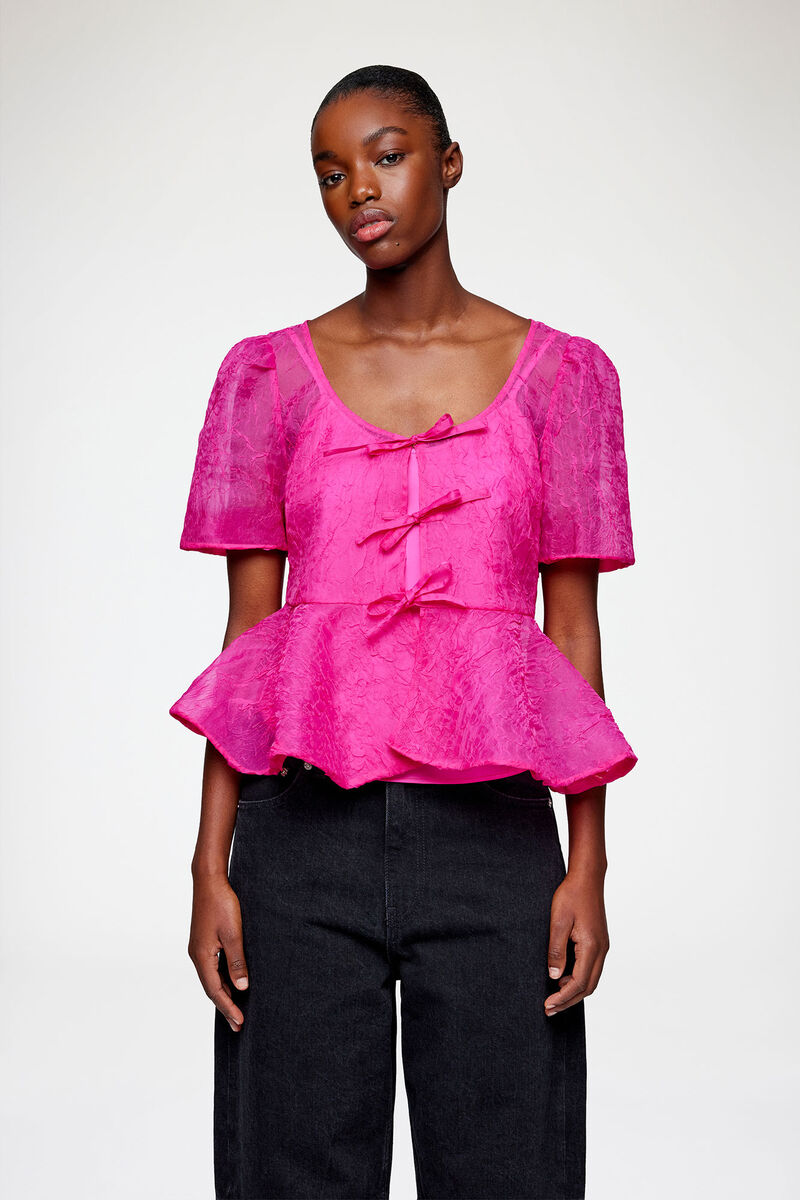 Peplum Blouse in Shibori Organza, Recycled Polyester, in colour Raspberry Rose - 2 - GANNI