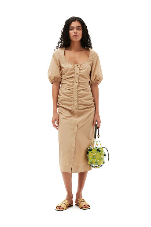 Ganni Short Sleeve Cotton Poplin Gathered Open-neck Maxi Dress In Curds And Whey