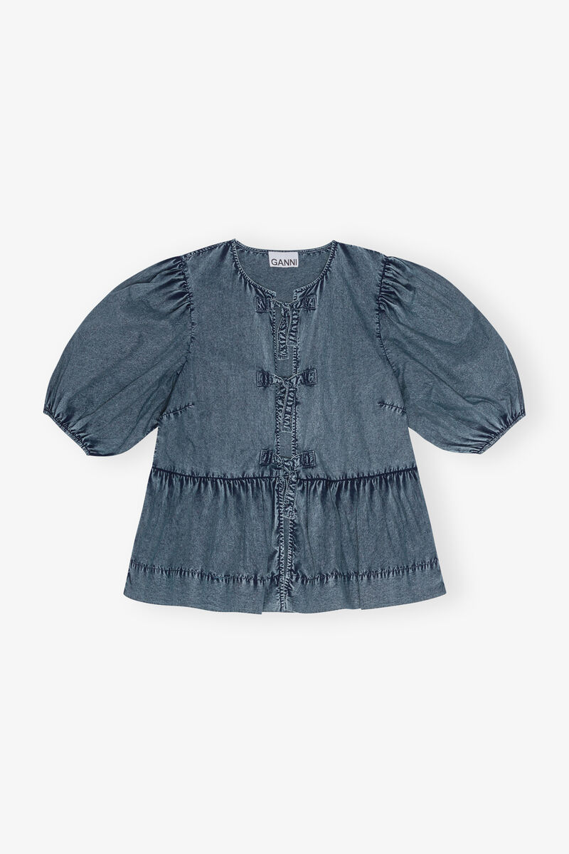 Blue Cotton Poplin Peplum Tie Blouse, Cotton, in colour Sky Captain - 1 - GANNI