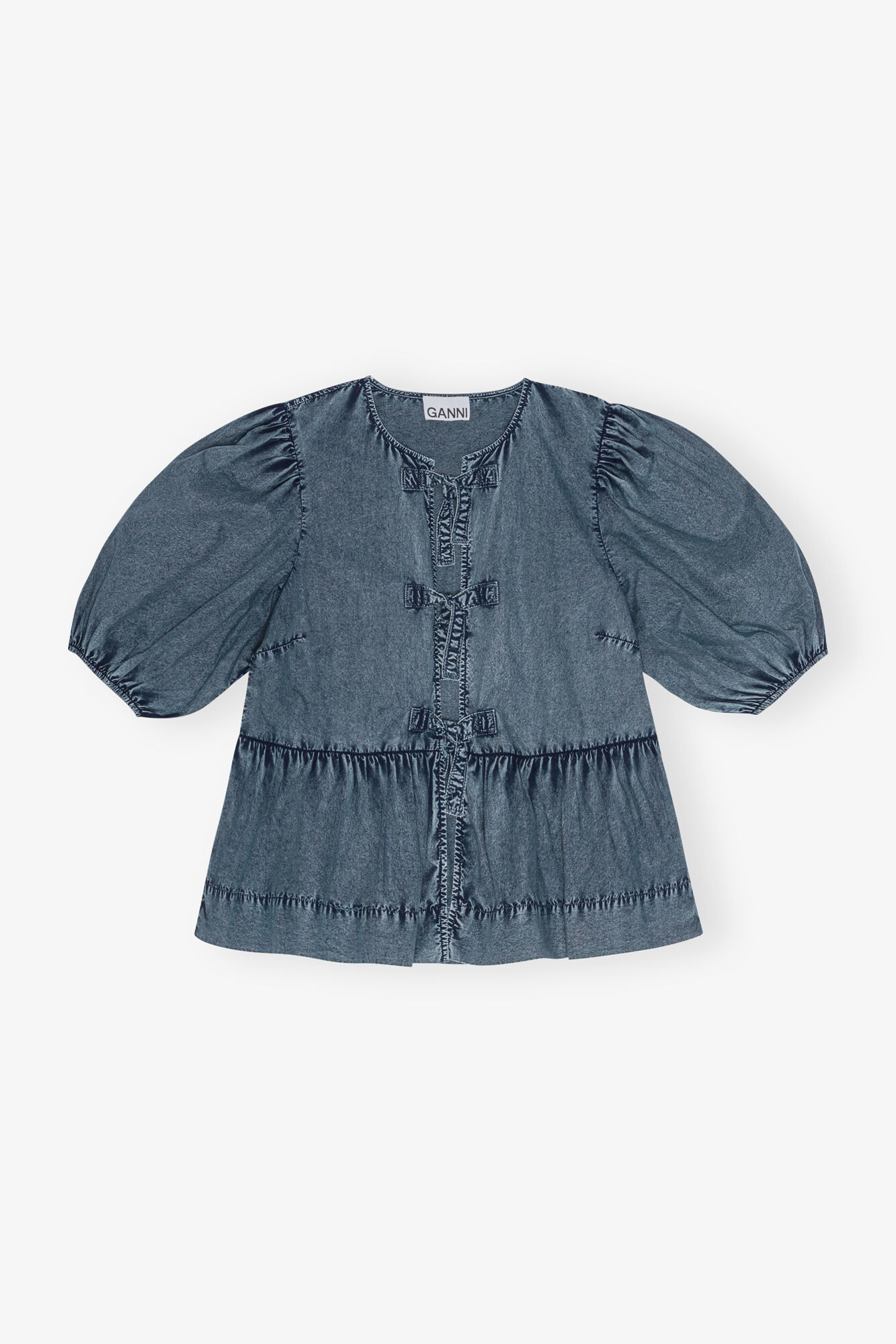 Blue Cotton Poplin Peplum Tie Blouse, Cotton, in colour Sky Captain - 1 - GANNI