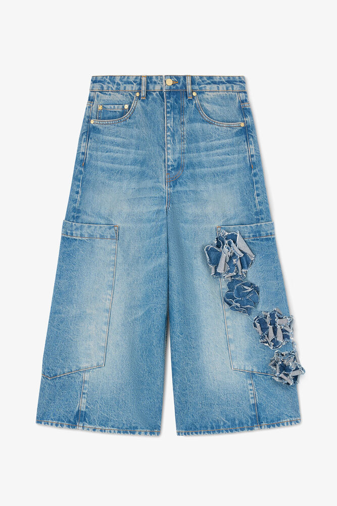 Baggy Cropped Jeans in Flower Print Denim, Mid Blue Stone