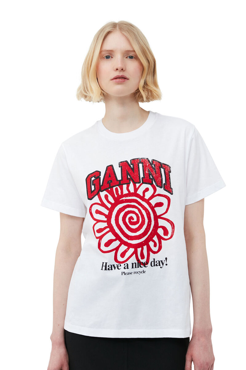 Relaxed Red Flower T-shirt, Cotton, in colour Bright White - 4 - GANNI