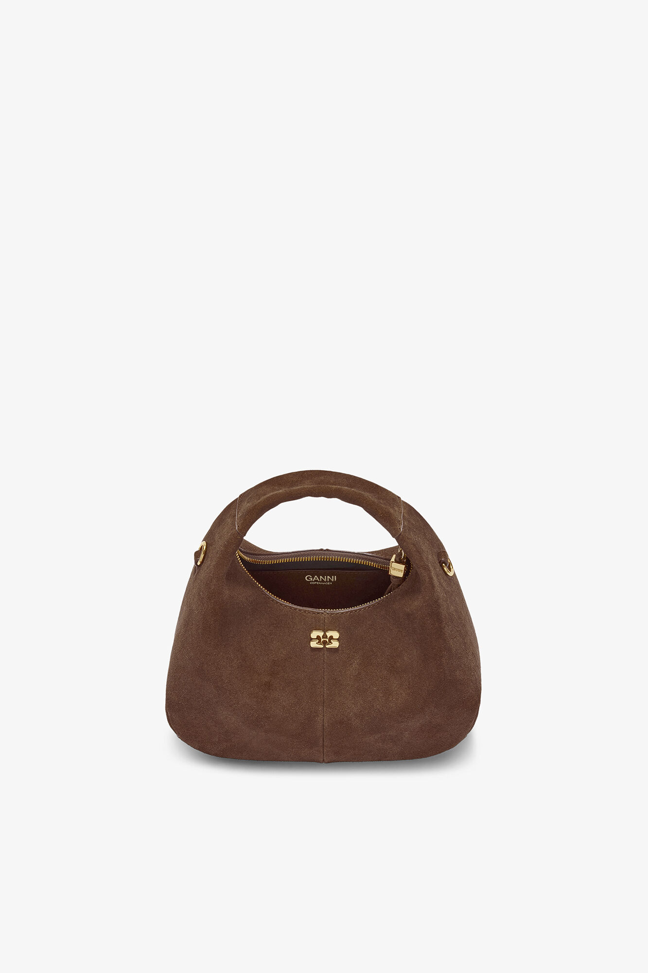 Braune Mini-Hobo-Tasche aus Wildleder, Recycled Leather, in colour Chicory Coffee - 3 - GANNI
