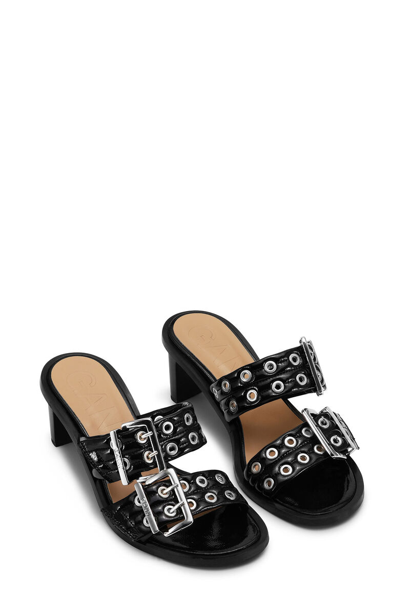 Black Feminine Buckle Heeled Mule Sandals, Cotton, in colour Black - 2 - GANNI