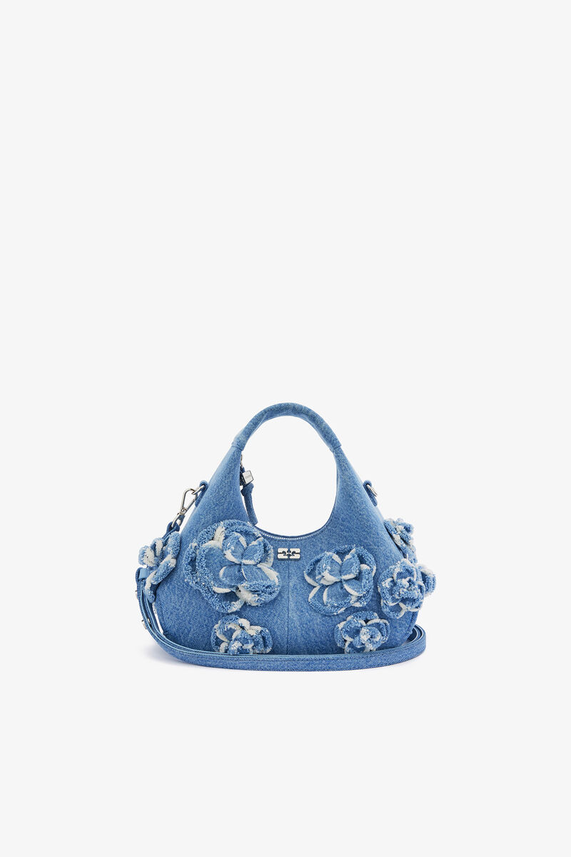 Mini Hobo Bag in Blue Denim, Organic Cotton, in colour Light Blue Vintage - 1 - GANNI