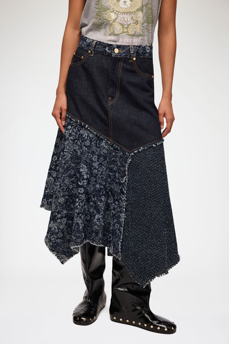 Skirt in Patchwork Denim, Organic Cotton, in colour Rinse - 2 - GANNI