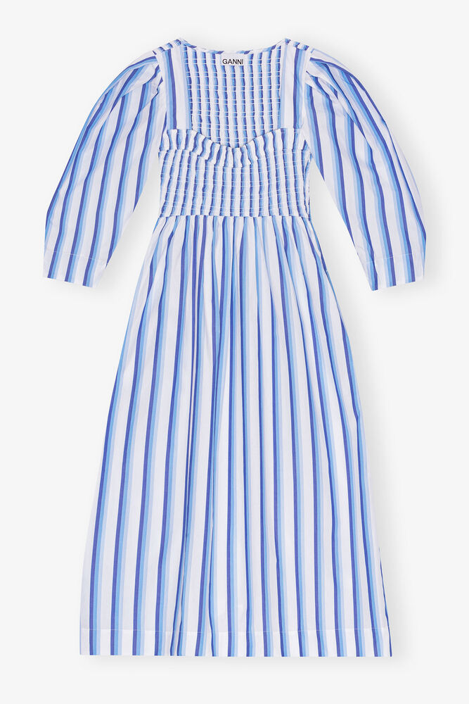 Robe Blue Striped Cotton Smock Long, Silver Lake Blue