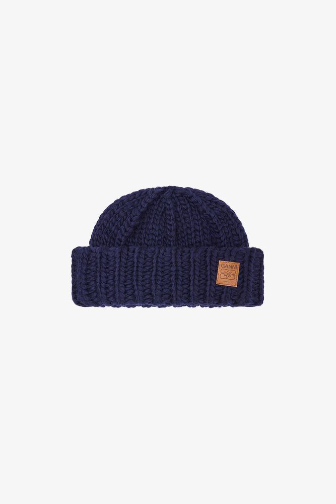 Dark Blue Wool Handknit Beanie, Sky Captain