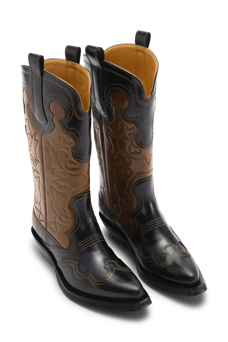 Black/Brown Mid Shaft Embroidered Western Boots, Calf Leather, in colour Tiger's Eye - 3 - GANNI