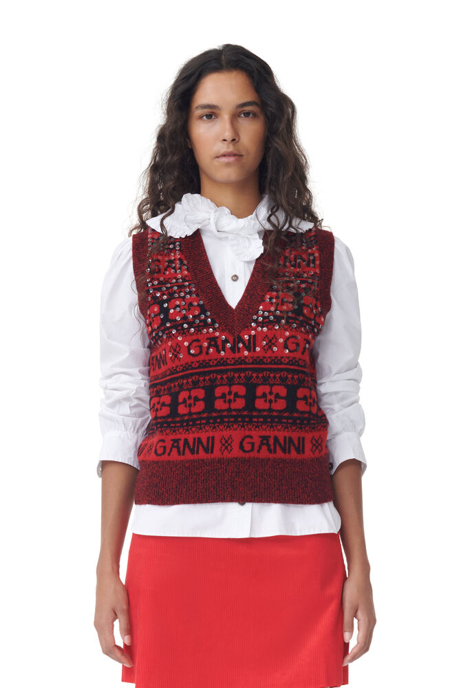 GANNI Red Sequins Logo Wool Mix Vest,High Risk Red