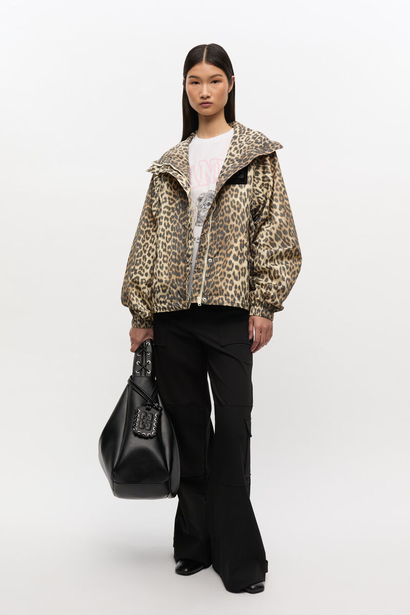 Leopard Print Nylon Jacket, Nylon, in colour Almond Milk - 2 - GANNI