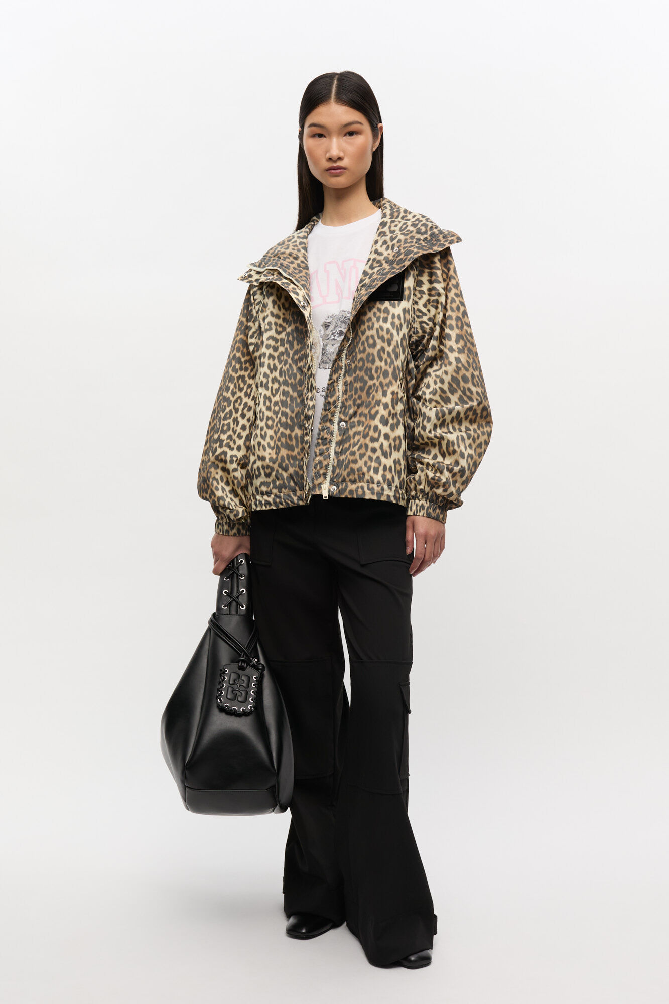 Leopard Print Nylon Jacket, Nylon, in colour Almond Milk - 2 - GANNI