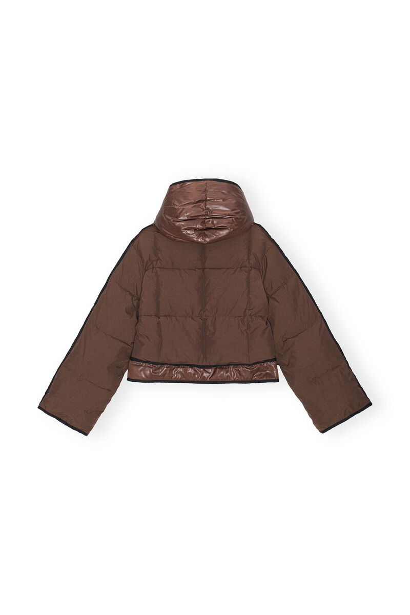 Brown Short Hooded Puffer Jacket, LENZING™ ECOVERO™, in colour Shaved Chocolate - 2 - GANNI