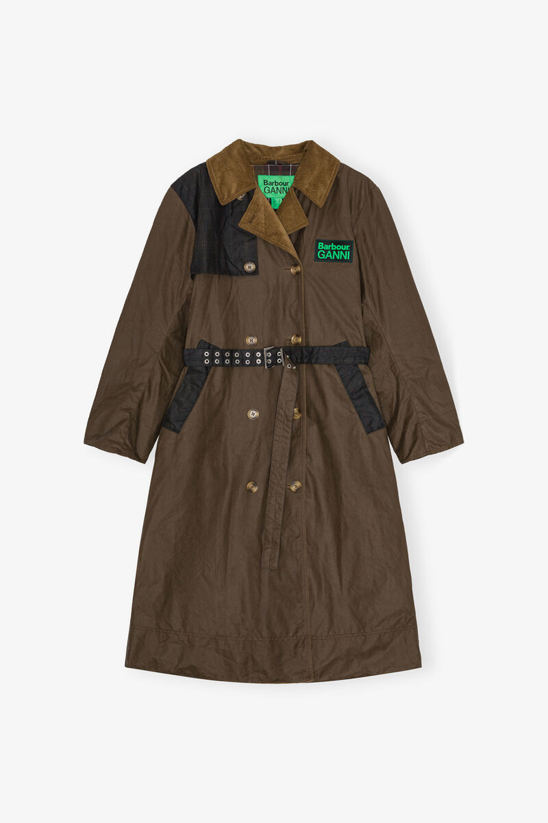 GANNI x Barbour Waxed Trench Coat, Organic Cotton, in colour Teak - 1 - GANNI