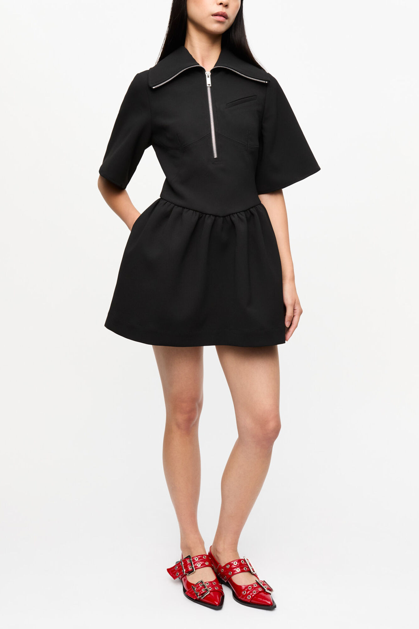 Black Bonded Crepe Mini Dress, Recycled Polyester, in colour Black - 1 - GANNI