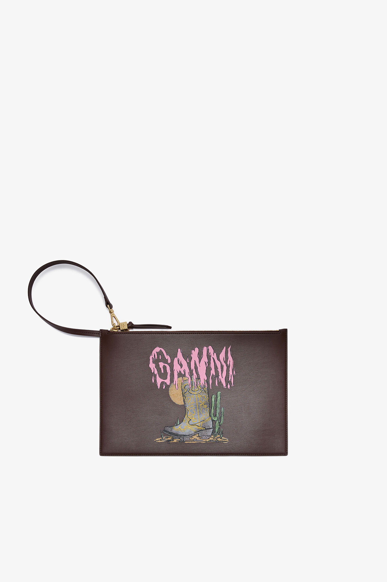 Bou Flat Pouch with Western Boot, Recycled Leather, in colour Chicory Coffee - 1 - GANNI