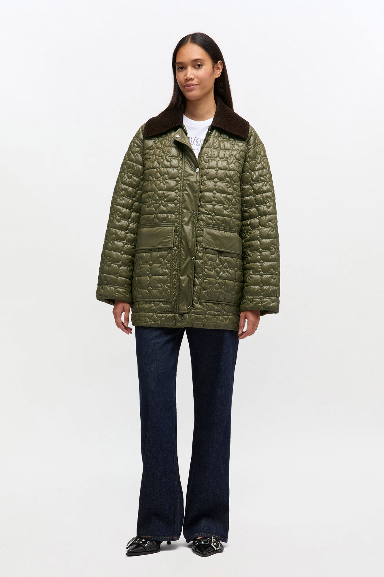 Shiny Quilt Midi Jacket, in colour Kalamata - 1 - GANNI