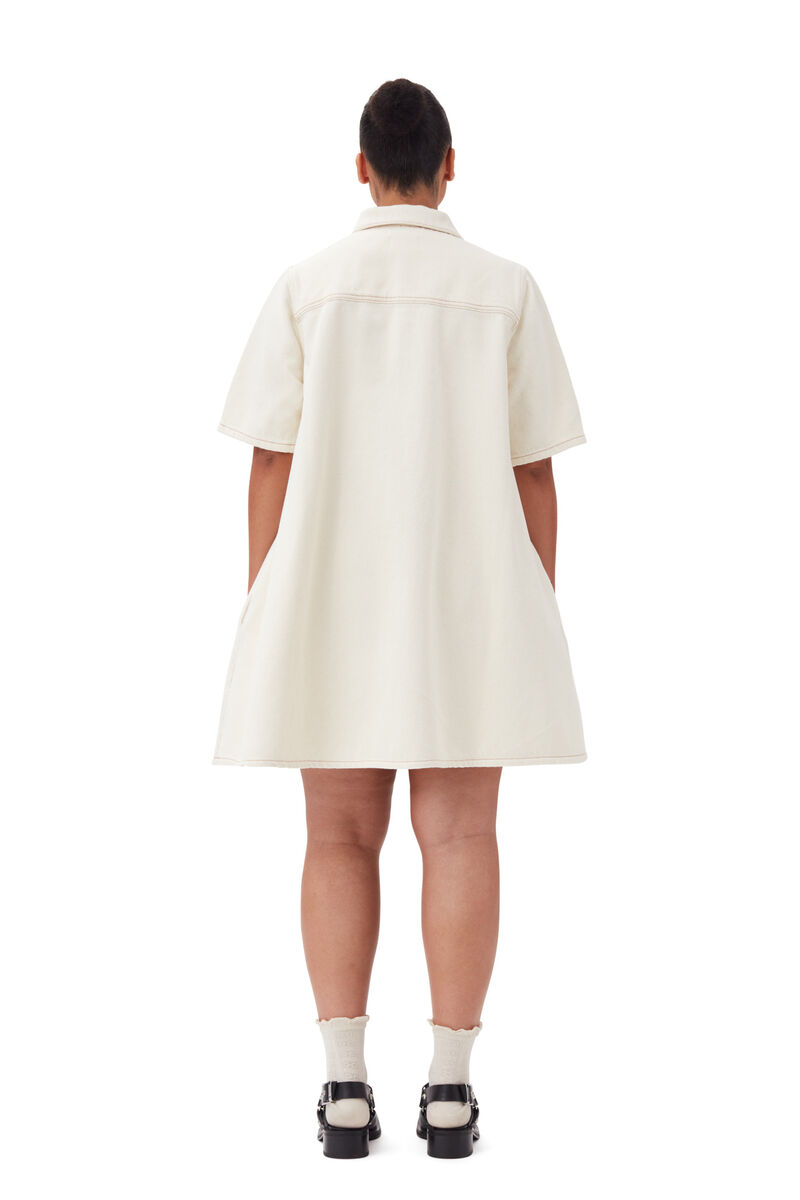 White Heavy Denim Mini Dress, Cotton, in colour Egret - 8 - GANNI