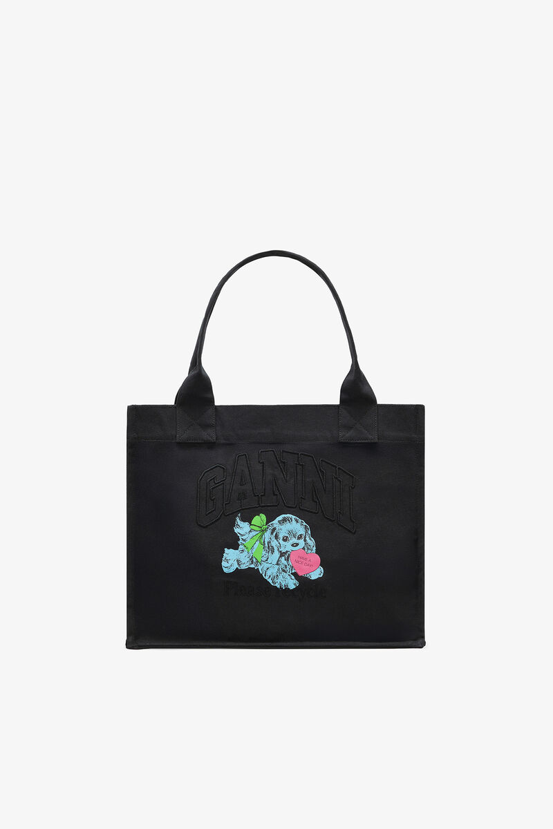 Black Puppy Large Tote, Recycled Cotton, in colour Phantom - 1 - GANNI