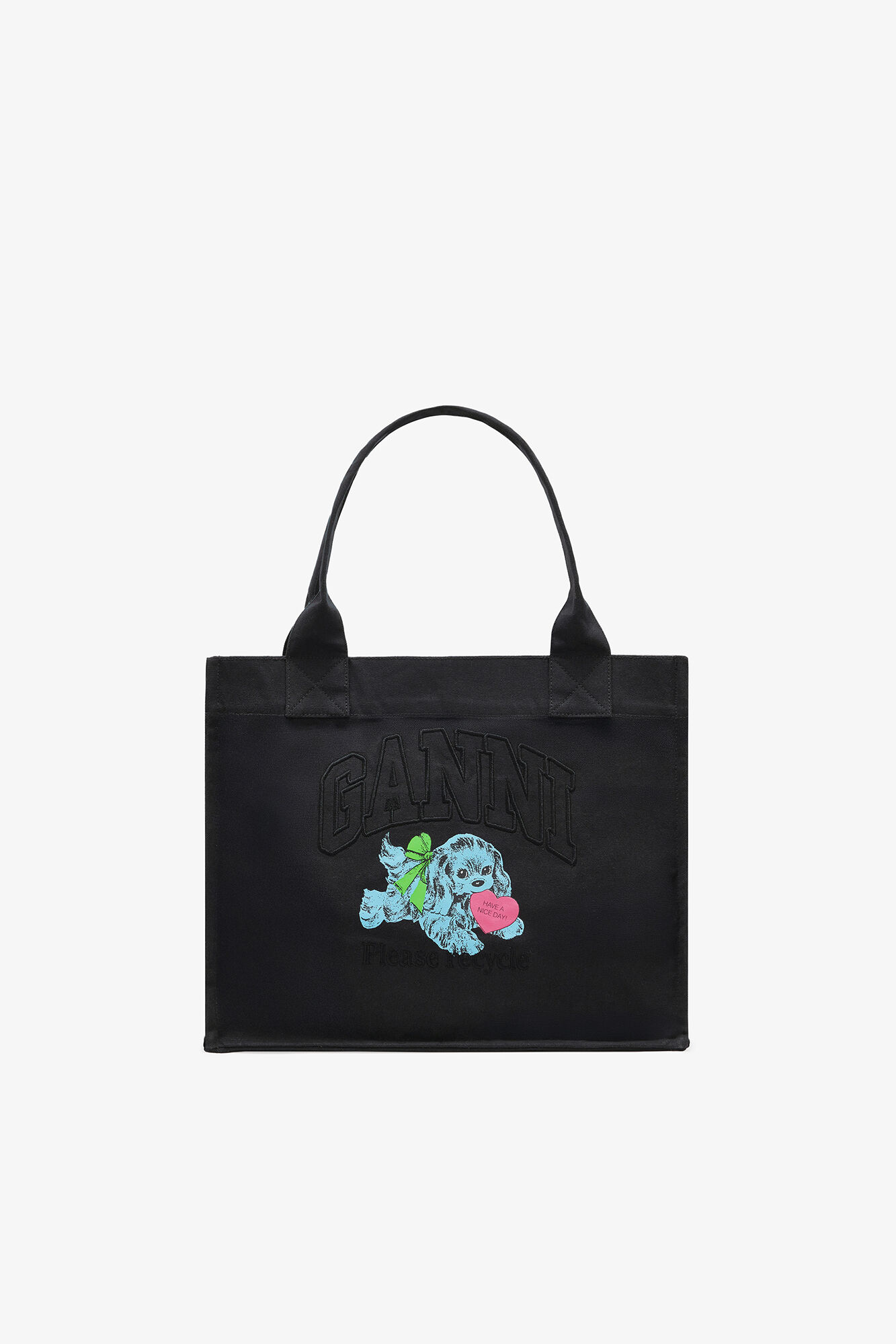 Black Puppy Large Tote, Recycled Cotton, in colour Phantom - 1 - GANNI