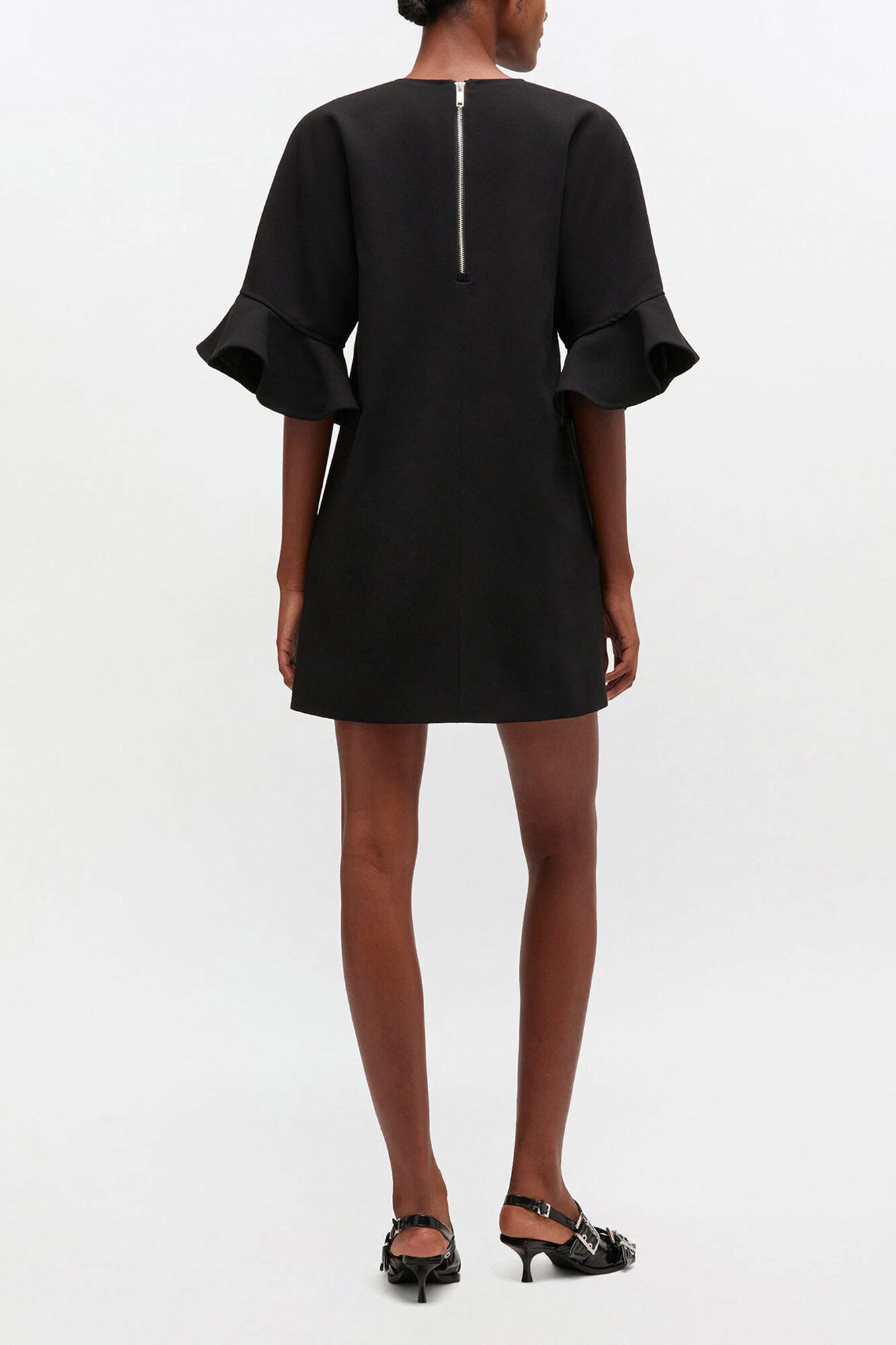 Black Mini Ruffle Dress, Recycled Polyester, in colour Black - 2 - GANNI