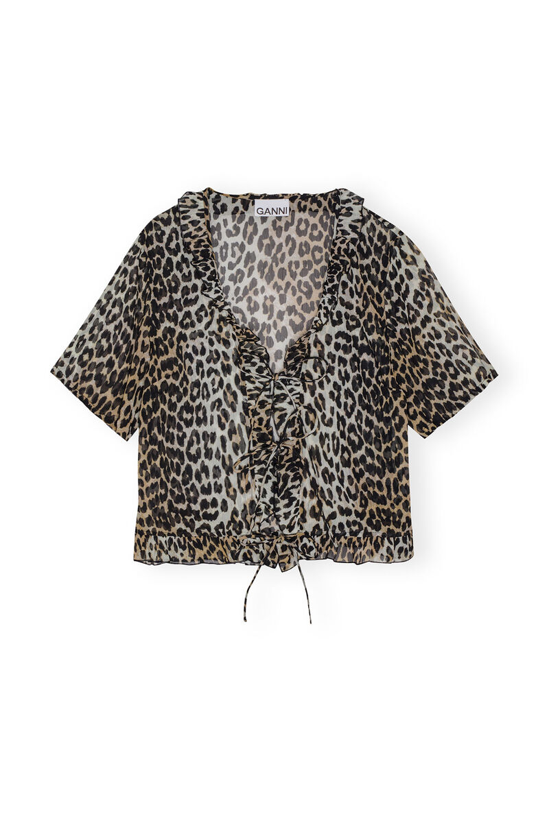 Leopard Printed Chiffon Tie String Blouse, Recycled Polyester, in colour Leopard - 1 - GANNI