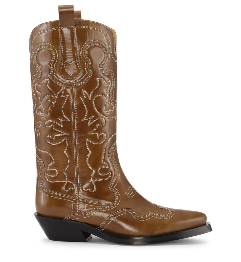 Broderade western boots, Calf Leather, in colour Tiger's Eye - 1 - GANNI