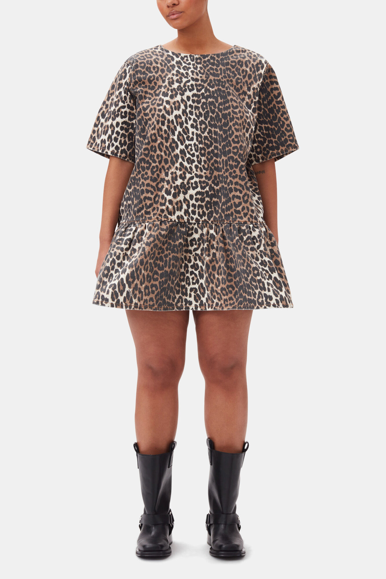 Leopard Open-back Mini Denim Dress, Organic Cotton, in colour Leopard - 5 - GANNI