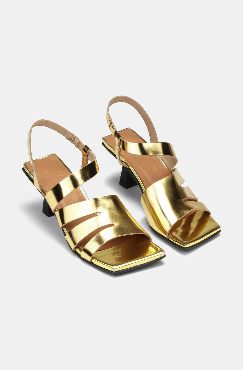 Kitten Heel Strappy Sandals, Leather, in colour Gold - 3 - GANNI