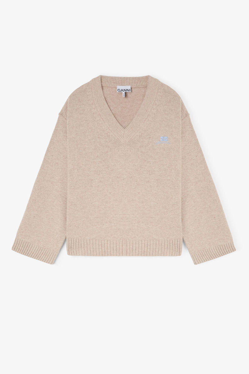 Beigefarbener Pullover mit V-Ausschnitt aus einer Wollmischung, Viscose, in colour Sand - 1 - GANNI