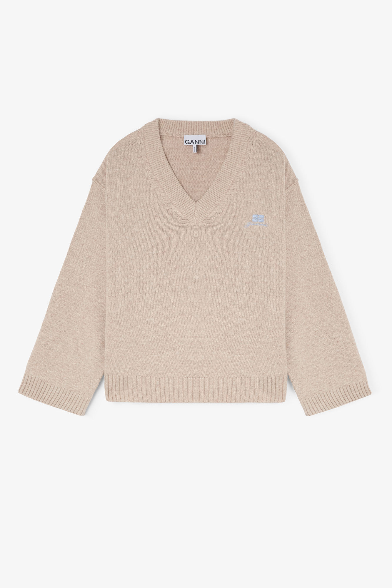 Beigefarbener Pullover mit V-Ausschnitt aus einer Wollmischung, Viscose, in colour Sand - 1 - GANNI