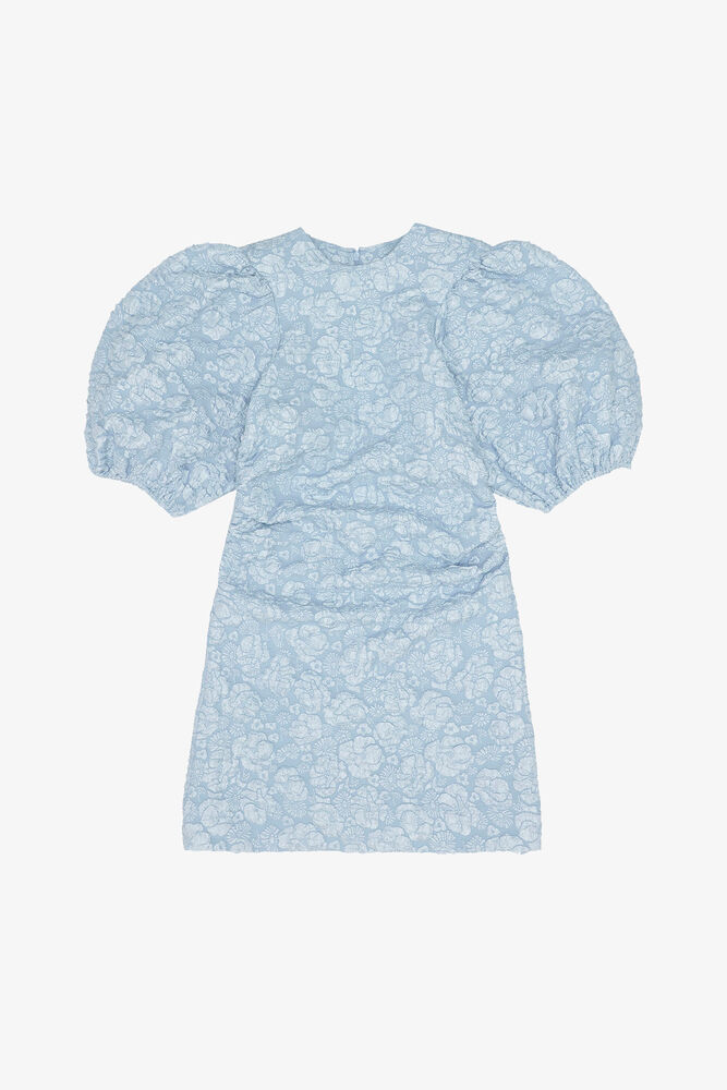 Stretch Jacquard Puff Sleeves Mini Dress, Sky Blue
