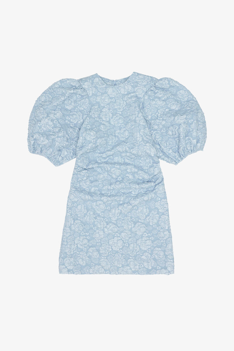 Mini-Kleid aus Stretch-Jacquard mit Puff&auml;rmeln, Recycled Polyester, in colour Sky Blue - 1 - GANNI