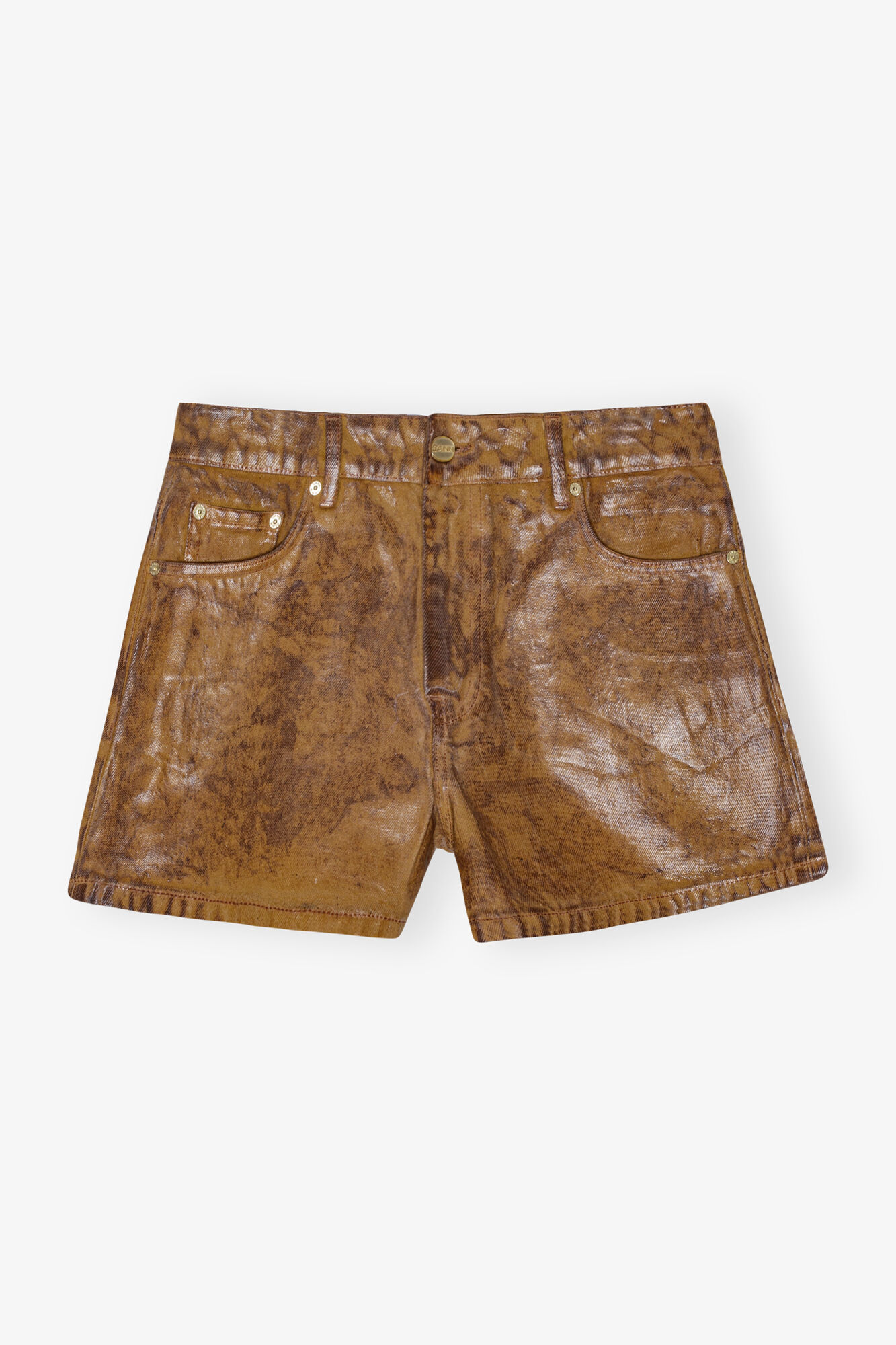 Brown Foil Denim Shorts, Cotton, in colour Cognac - 1 - GANNI