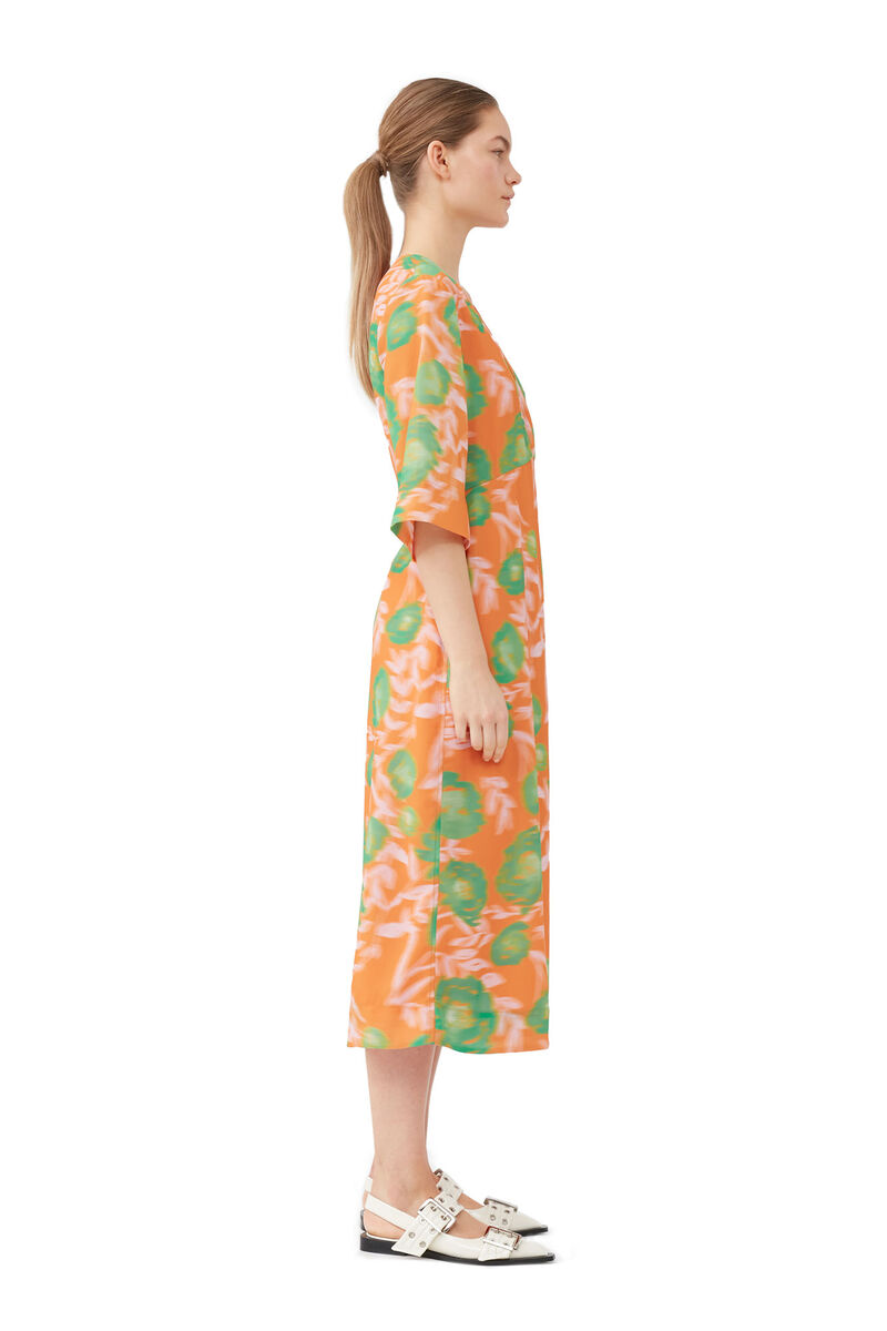 Printed Crepe V-neck Dress, Recycled Polyester, in colour Vibrant Orange - 3 - GANNI