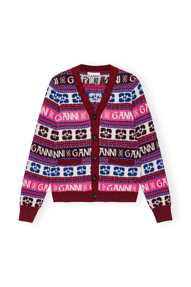 Cardigan Pink Logo Wool Mix, Recycled Polyamide, in colour Multicolour - 1 - GANNI