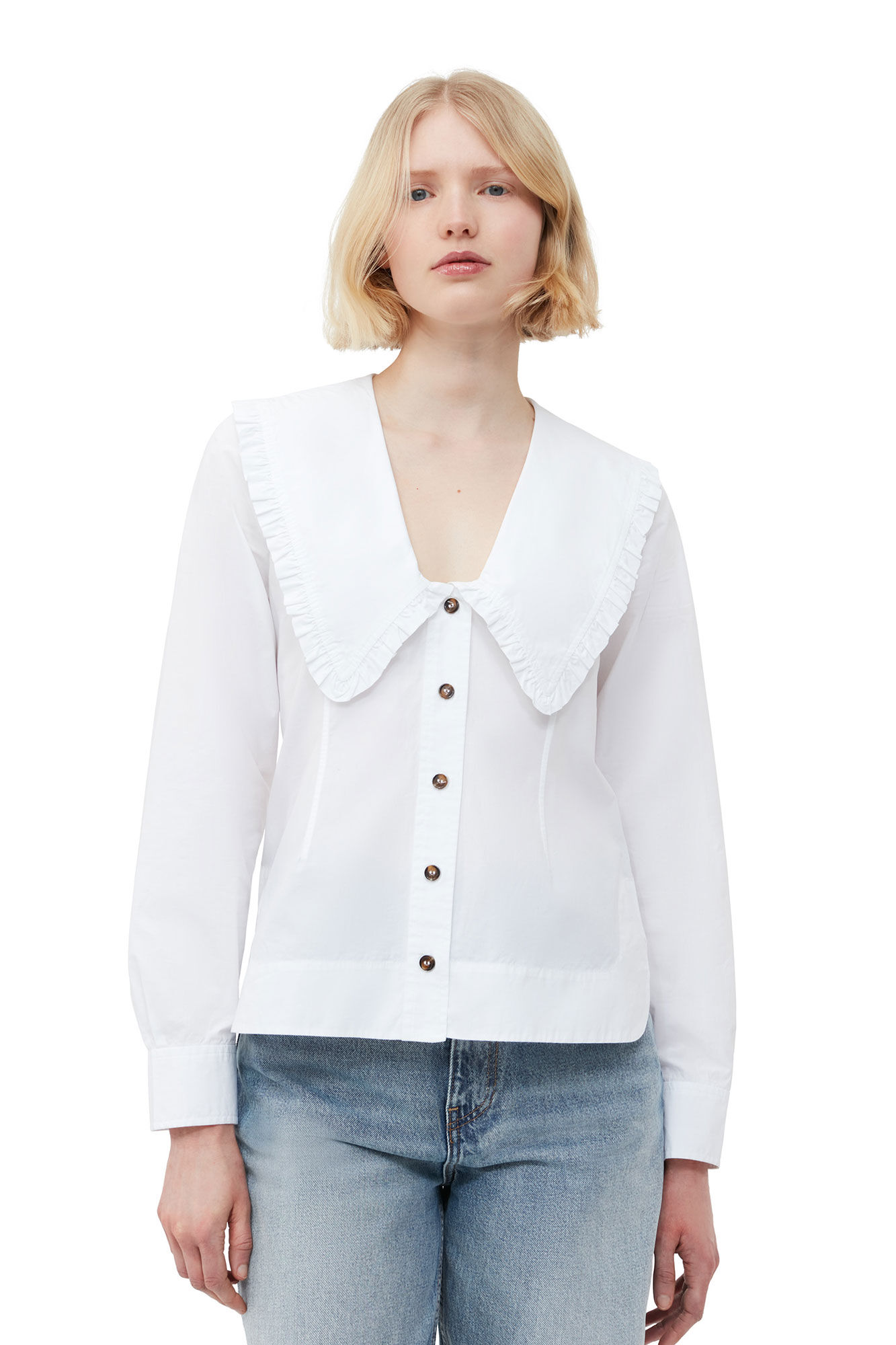 Bright White Cotton Poplin V-neck Frill Collar Shirt | GANNI UK