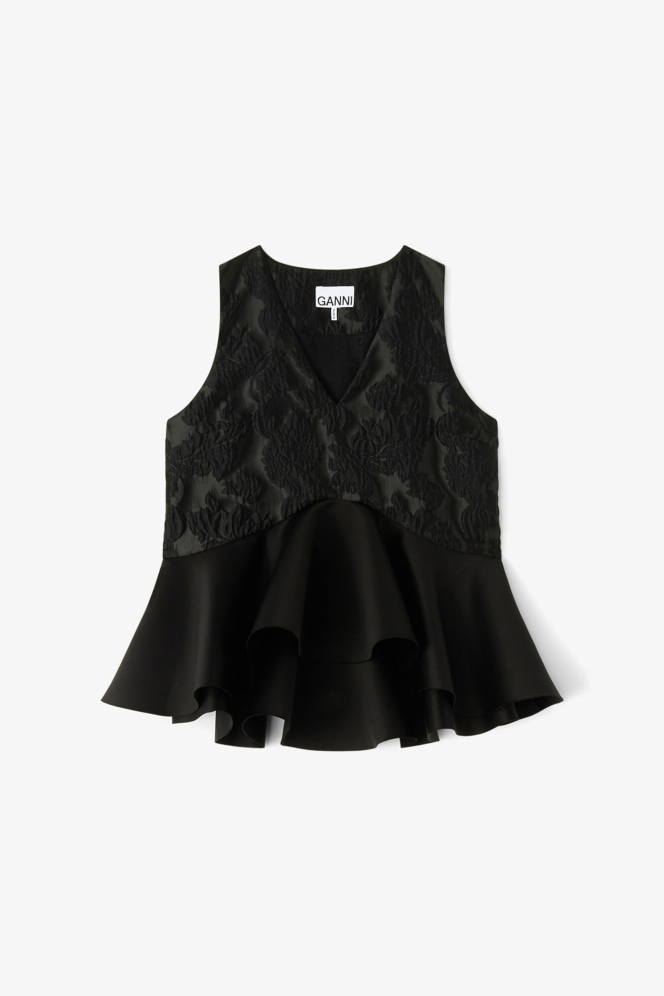 Satin Cloque Peplum Top, Recycled Polyester, in colour Black - 1 - GANNI