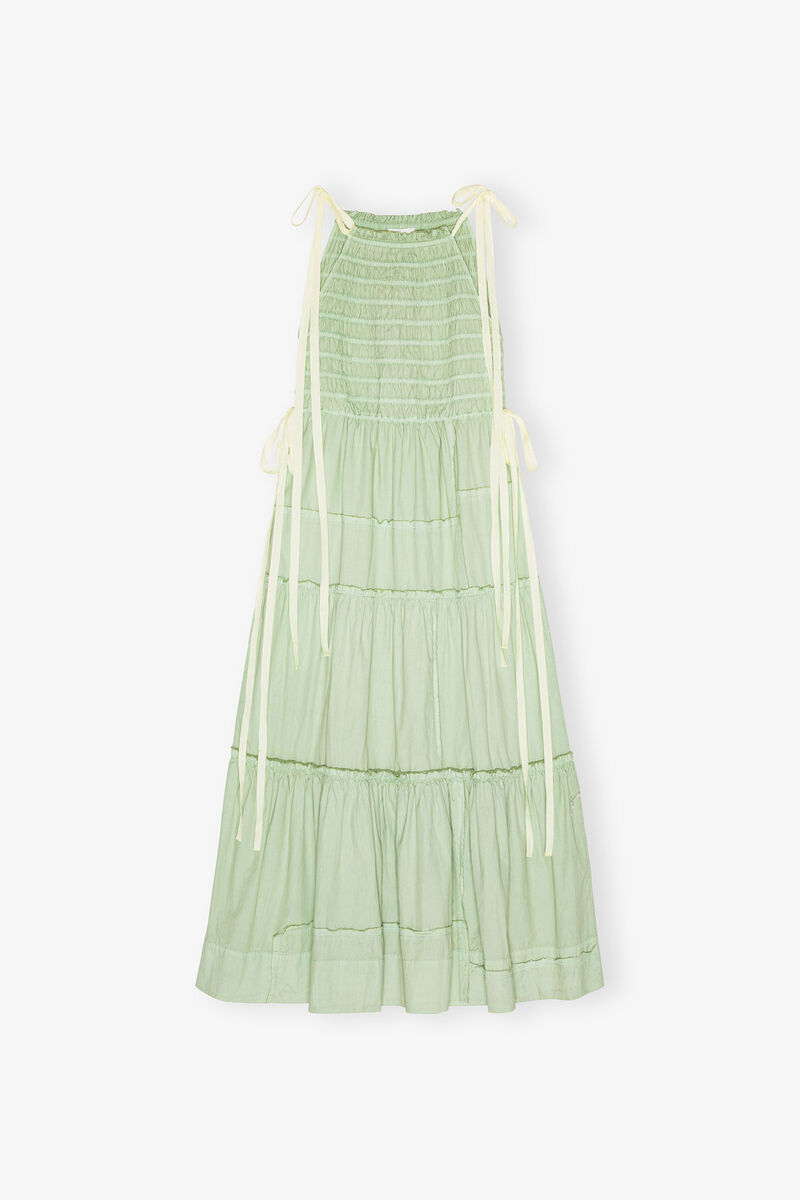 Light Green Smocked Tiered Dress, Organic Cotton, in colour Frosty Green - 1 - GANNI
