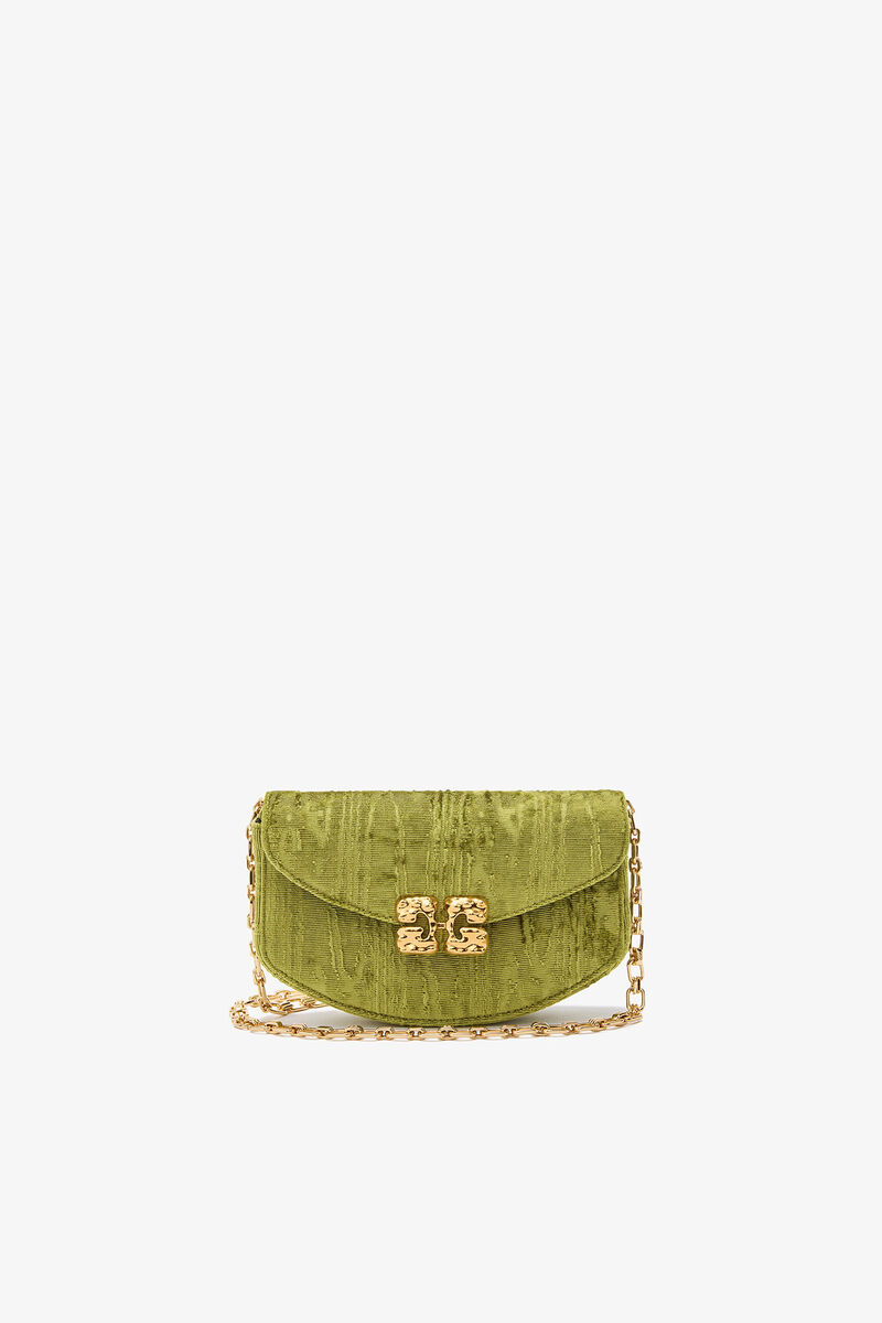 Lulu Wallet On Chain in Velvet Moire, Recycled Polyester, in colour Spinach Green - 1 - GANNI