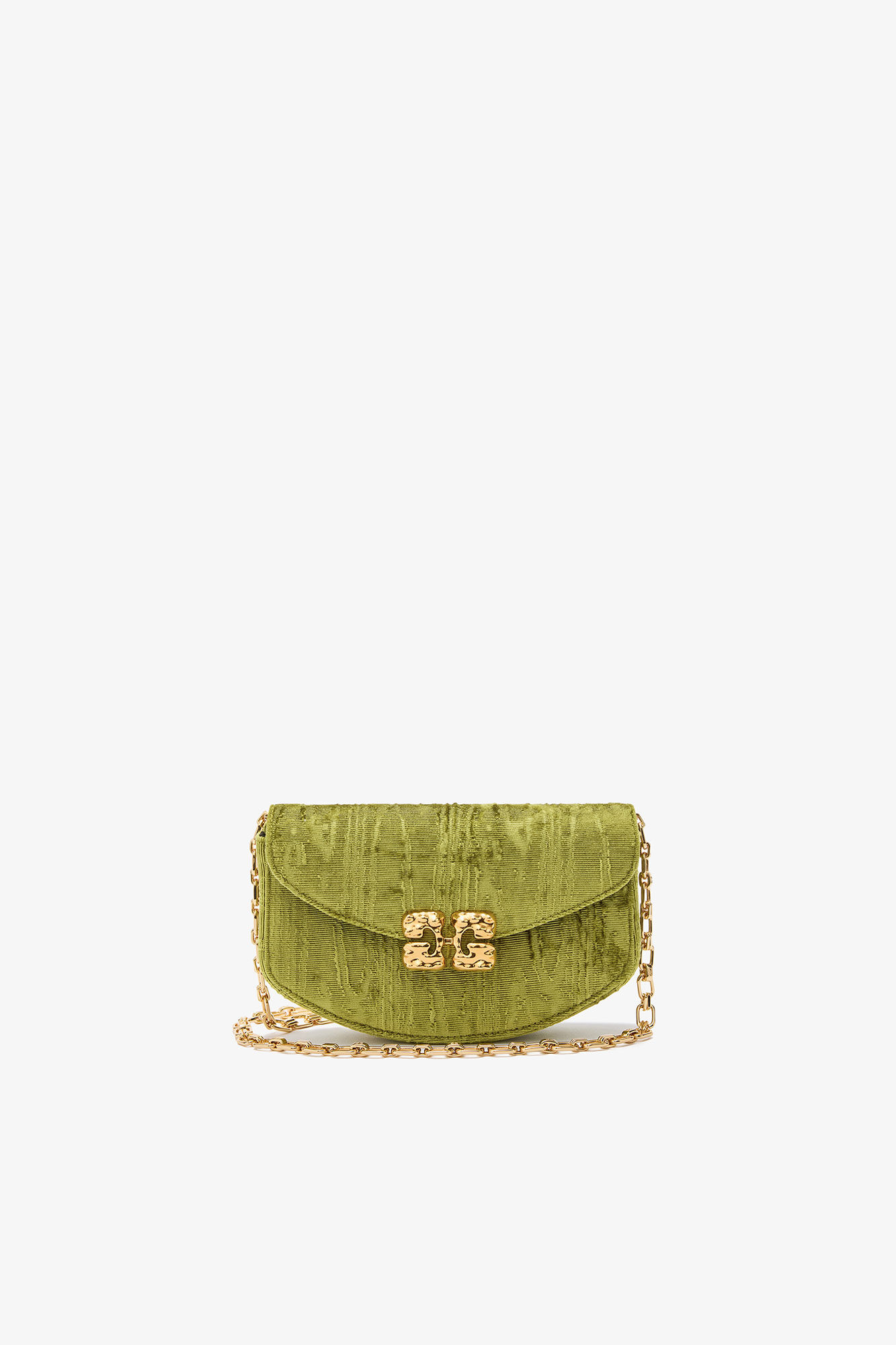 Lulu Wallet On Chain in Velvet Moire, Recycled Polyester, in colour Spinach Green - 1 - GANNI